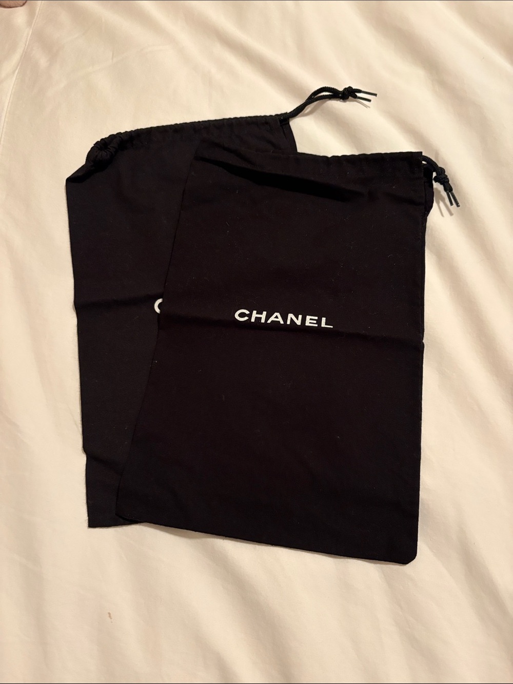 CHANEL Black Drawstring Dust Bags with White Logo - Set of 2